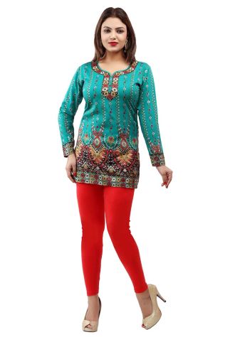 Elegant Turquoise French Jacquard Printed Short Kurti with Full Sleeves Manufacturers, Suppliers, Exporters in East Siang