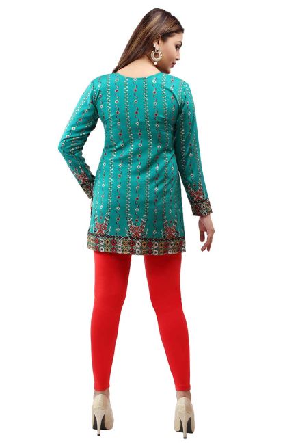 Elegant Turquoise French Jacquard Printed Short Kurti with Full Sleeves Manufacturers  in Delhi