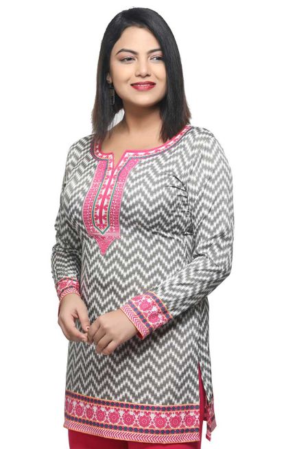 Elegant White and Grey Short Kurti with Pink Print Regular Fit Sizes S to XL Manufacturers  in Delhi