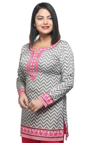 Elegant White and Grey Short Kurti with Pink Print Regular Fit Sizes S to XL Manufacturers, Suppliers, Exporters in Gadchiroli