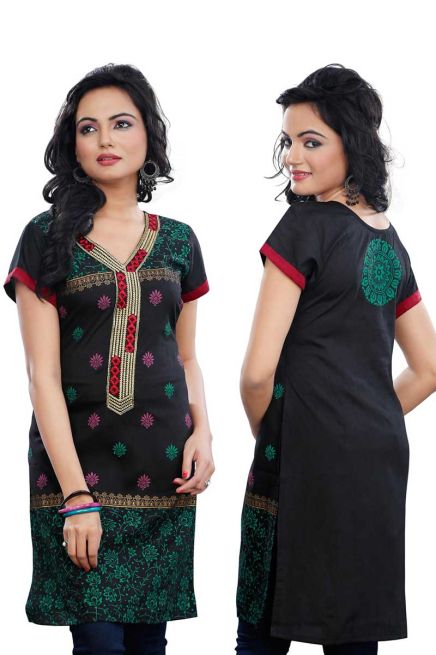 Fashionable Black Cotton Kurti with Half Sleeves and Embroidery for Various Occasions Manufacturers  in Delhi