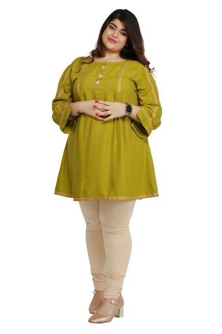 Fashionable Mehendi Rayon Plus Size Short Kurti with Accessory Detailing for Casual Wear Sizes XL 3XL Manufacturers  in Delhi