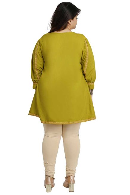 Fashionable Mehendi Rayon Plus Size Short Kurti with Accessory Detailing for Casual Wear Sizes XL 3XL Manufacturers  in Delhi