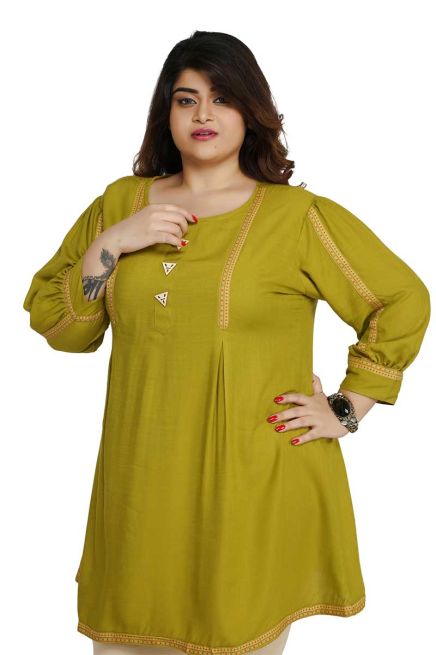 Fashionable Mehendi Rayon Plus Size Short Kurti with Accessory Detailing for Casual Wear Sizes XL 3XL Manufacturers  in Delhi