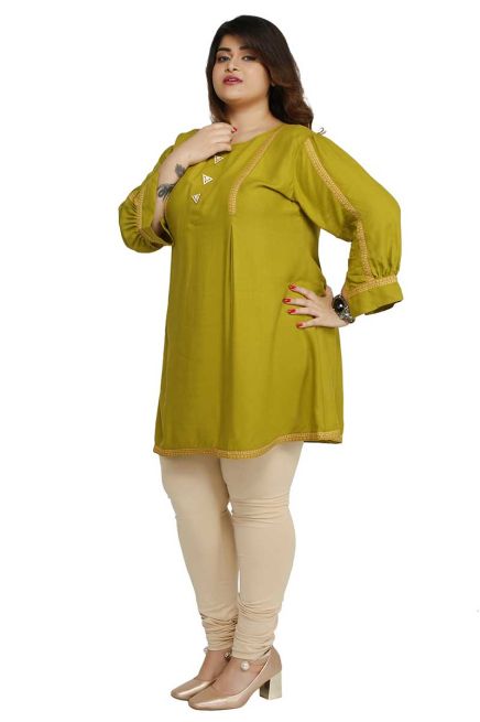 Fashionable Mehendi Rayon Plus Size Short Kurti with Accessory Detailing for Casual Wear Sizes XL 3XL Manufacturers  in Delhi