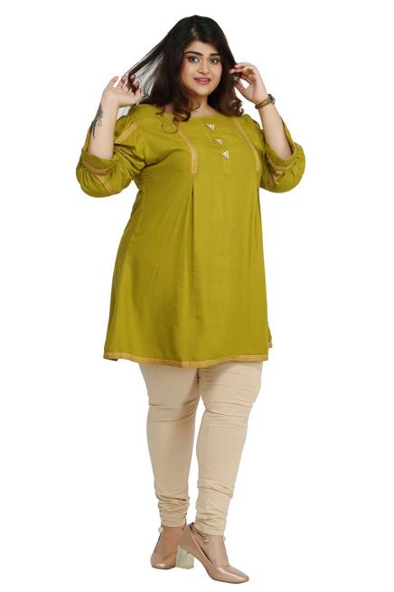 Fashionable Mehendi Rayon Plus Size Short Kurti with Accessory Detailing for Casual Wear Sizes XL 3XL Manufacturers  in Delhi