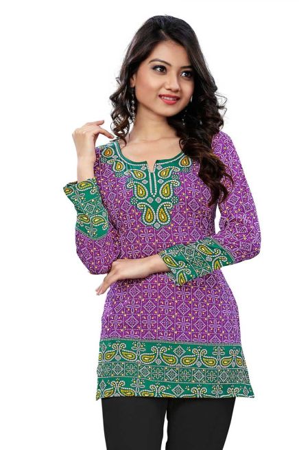 Fashionable Purple Bandhni Style Kurti in Crepe Comfortable Fit for Casual Wear Sizes S XL Manufacturers  in Delhi