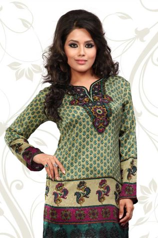 French Jacquard Light Mehandi Colour Multicoloured Printed Kurti With Full Sleeves Manufacturers, Suppliers, Exporters in Saudi Arabia