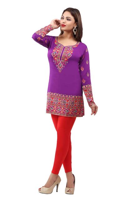 French Jacquard Magenta Printed Short Kurti With Full Sleeves Manufacturers  in Delhi