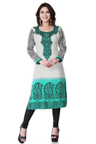 Green And White American Crepe Long Straight Kurti Aashi 112C Manufacturers, Suppliers, Exporters in Budaun