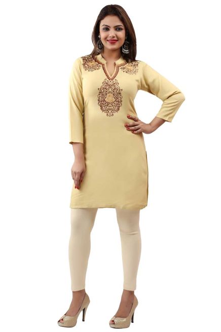 Khakhi Embroidered Short Kurti with Full Sleeves Trendy Fit for Casual Wear Sizes S to XL Manufacturers  in Delhi