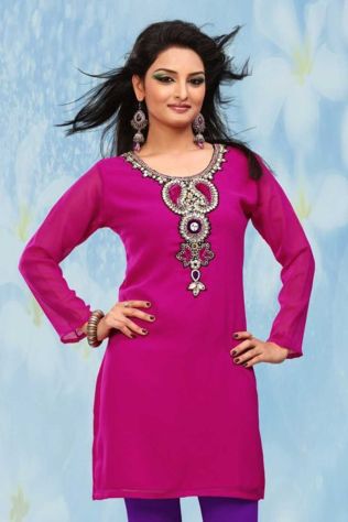 Magenta Chiffon Georgette Embroidered Kurti With Chiffon Sleeve Sizes S to XL Manufacturers, Suppliers, Exporters in Morbi