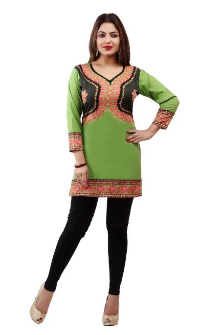 Mehndi Green French Jacquard Jacket Style Printed Short Kurti With Full Sleeve  Manufacturers  in Delhi