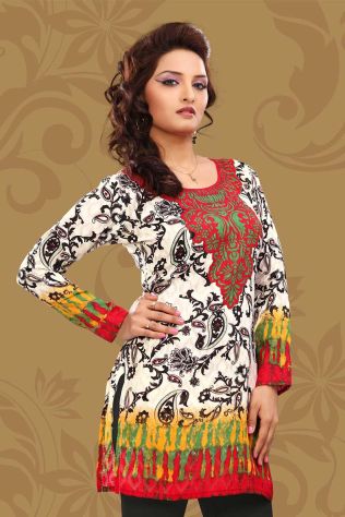 Multicolor Spun Butta Printed Kurtis With Round Neck Full Sleeves Sizes S to XL Manufacturers, Suppliers, Exporters in Theni