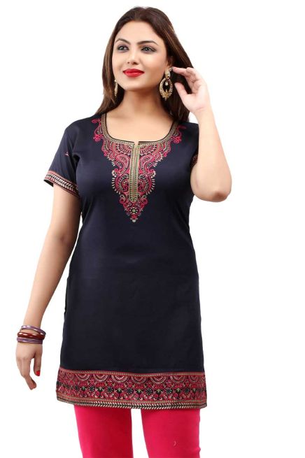 Navy Blue American Crepe Printed Short Kurti with Half Sleeves Relaxed Fit for Casual Wear Sizes S to XL Manufacturers  in Delhi