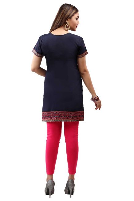 Navy Blue American Crepe Printed Short Kurti with Half Sleeves Relaxed Fit for Casual Wear Sizes S to XL Manufacturers  in Delhi