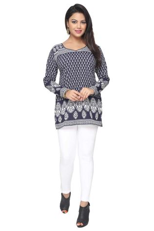 Navy Blue and White Printed Short Kurti with Full Sleeves S to XXL Manufacturers, Suppliers, Exporters in Tilak Nagar