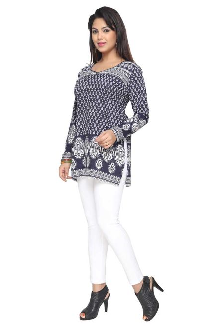 Navy Blue and White Printed Short Kurti with Full Sleeves S to XXL Manufacturers  in Delhi