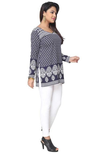 Navy Blue and White Printed Short Kurti with Full Sleeves S to XXL Manufacturers  in Delhi