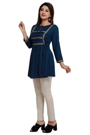 Navy Blue Rayon Stylish Short Kurti with Beautiful Lace Fit for Casual and Special Occasions Sizes S to XL  Manufacturers, Suppliers, Exporters in Saudi Arabia