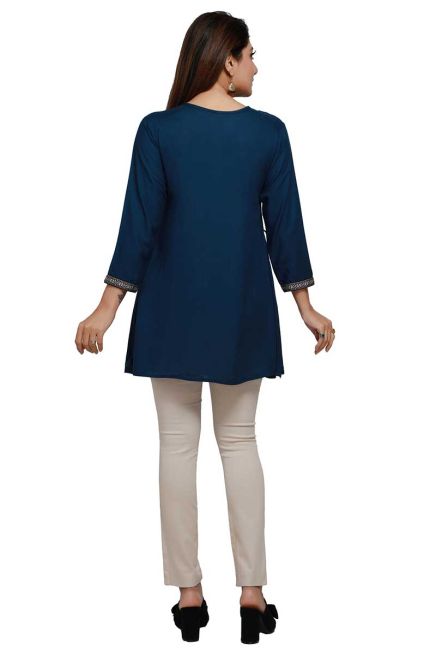 Navy Blue Rayon Stylish Short Kurti with Beautiful Lace Flattering Fit for Casual Wear Sizes S to XL Manufacturers  in Delhi