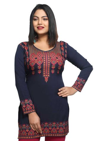 Navy Blue Short Kurti with Amazing Print Comfortable Fit for Casual Wear Sizes S to XL Manufacturers, Suppliers, Exporters in Tilak Nagar