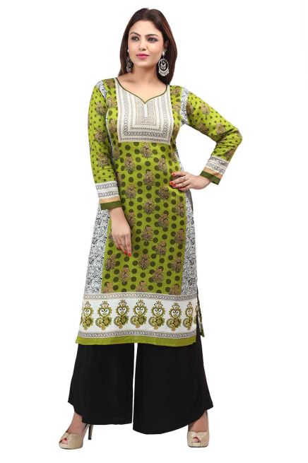 New Designer Mehndi Color Cotton Printed Long Kurti with Full Sleeves for Casual Wear Sizes S to XL Manufacturers  in Delhi