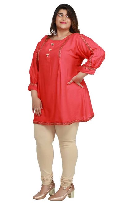 Peach Plus Size Short Kurti with Accessory and Lace Work Ideal for Casual Wear Sizes XL to 3XL Manufacturers  in Delhi