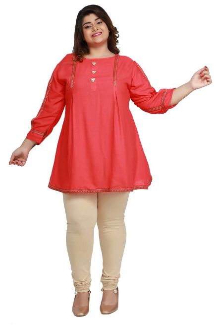 Peach Plus Size Short Kurti with Accessory and Lace Work Ideal for Casual Wear Sizes XL to 3XL Manufacturers  in Delhi