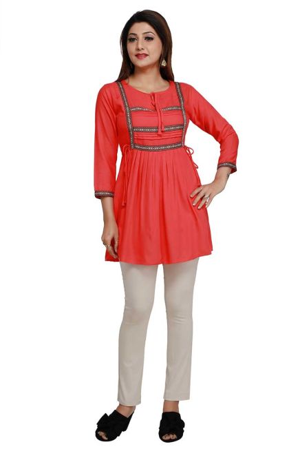 Peach Rayon Stylish Short Kurti with Beautiful Lace Stylish and Comfortable Fit for Casual and Various Sizes Manufacturers  in Delhi