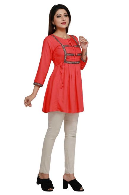 Peach Rayon Stylish Short Kurti with Beautiful Lace Stylish and Comfortable Fit for Casual and Various Sizes Manufacturers  in Delhi