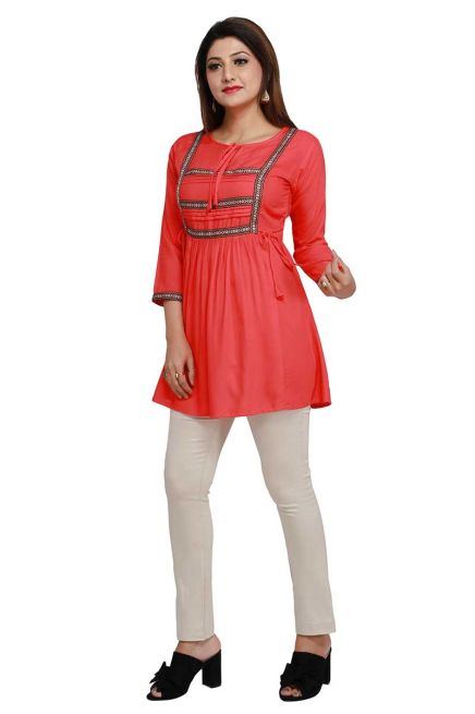 Peach Rayon Stylish Short Kurti with Beautiful Lace Stylish and Comfortable Fit for Casual and Various Sizes Manufacturers  in Delhi