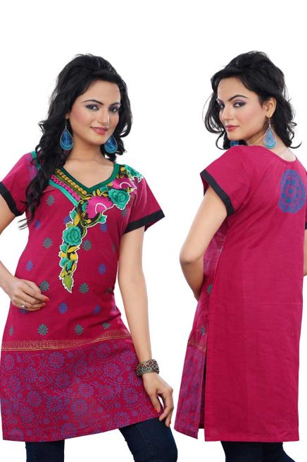 Pink Embroidered Cotton Kurti Regular Fit Available in Multiple Sizes Half Sleeves for Casual Wear Manufacturers  in Delhi