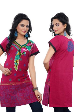 Pink Embroidered Cotton Kurti Regular Fit Available in Multiple Sizes Half Sleeves for Casual Wear Manufacturers, Suppliers, Exporters in Phalodi