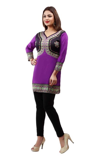 Purple French Jacquard Jacket Style Printed Short Kurti with Full Sleeves Regular Fit for Casual Outings Sizes S XL  Manufacturers  in Delhi