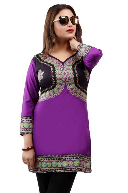 Purple French Jacquard Jacket Style Printed Short Kurti with Full Sleeves Regular Fit for Casual Outings Sizes S XL  Manufacturers  in Delhi