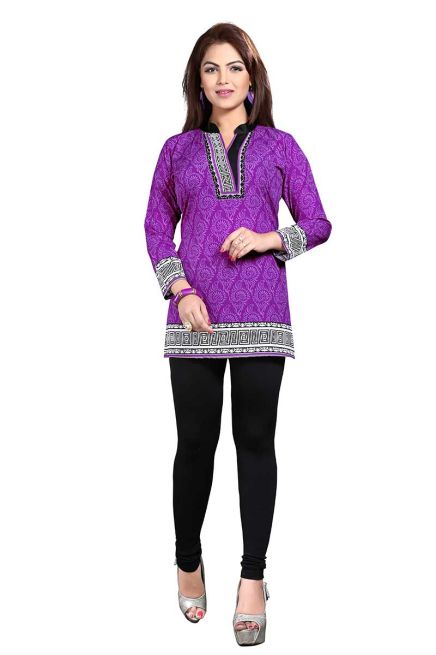 Purple French Jacquard Printed Short Kurti with Chinese Collar Regular Fit for Casual Outings Sizes S XL Manufacturers  in Delhi