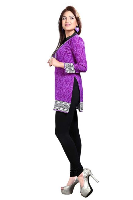 Purple French Jacquard Printed Short Kurti with Chinese Collar Regular Fit for Casual Outings Sizes S XL Manufacturers  in Delhi