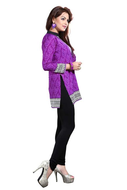 Purple French Jacquard Printed Short Kurti with Chinese Collar Regular Fit for Casual Outings Sizes S XL Manufacturers  in Delhi