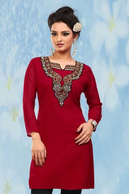 Regular Fit Embroidered Chiffon Georgette Kurti in Red Colors for Any Occasion Manufacturers  in Delhi