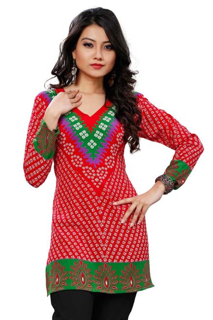 Regular Fit Red V Neck Short Kurti in American Crepe for Fashionable Looks Manufacturers  in Delhi