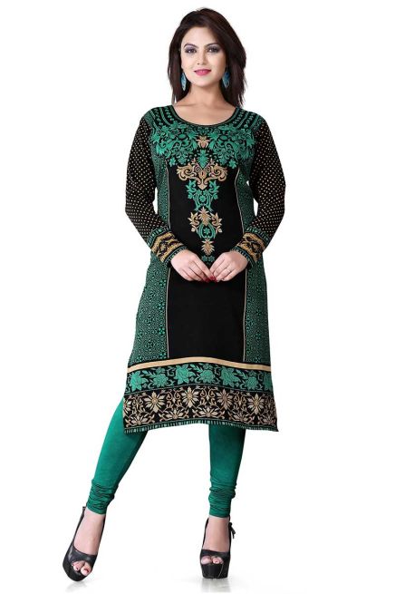 Regular Fit Sea Green and Black Printed Kurti for Effortless Style and Comfort Manufacturers  in Delhi