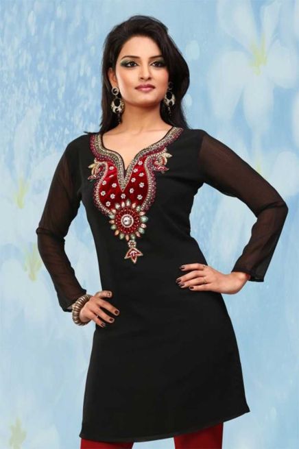 Regular Fit Solid Black Kurti with Chiffon Sleeves and Embroidery for Stylish Outings Manufacturers  in Delhi