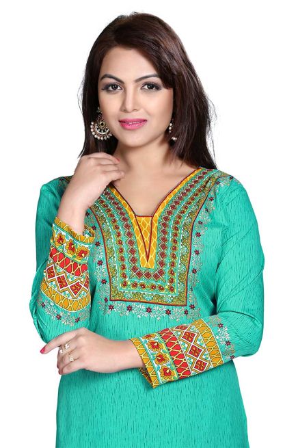 Regular Fit Turquoise American Crepe Short Kurti with Chic Print Manufacturers  in Delhi