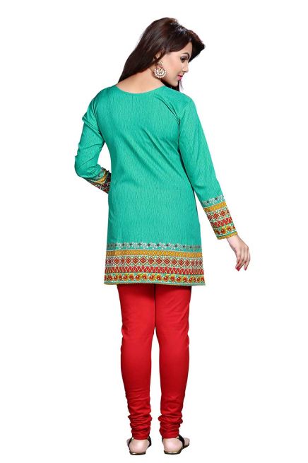 Regular Fit Turquoise American Crepe Short Kurti with Chic Print Manufacturers  in Delhi