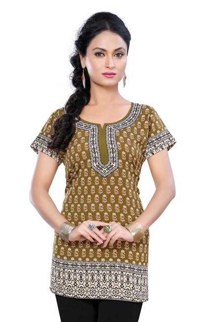 Relaxed Fit Khaki Printed Crepe Kurti with Half Sleeves for Women Casual Wear Sizes S to XL Manufacturers  in Delhi