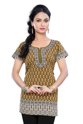 Relaxed Fit Khaki Printed Crepe Kurti with Half Sleeves for Women Casual Wear Sizes S to XL Manufacturers, Suppliers, Exporters in Budaun