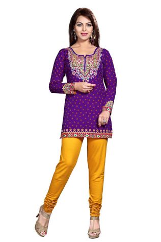 Solid Purple French Jacquard Bandhani Kurti with Elegant Neck Pattern for Festive Wear Manufacturers, Suppliers, Exporters in Buraydah