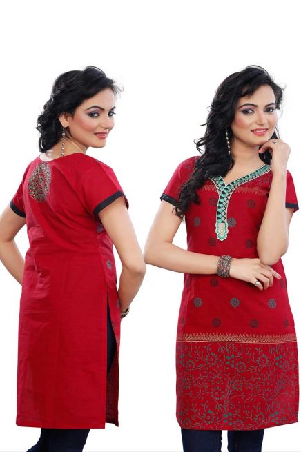 Solid Red Embroidered Cotton Kurti for Casual Wear and Everyday Comfort Manufacturers  in Delhi