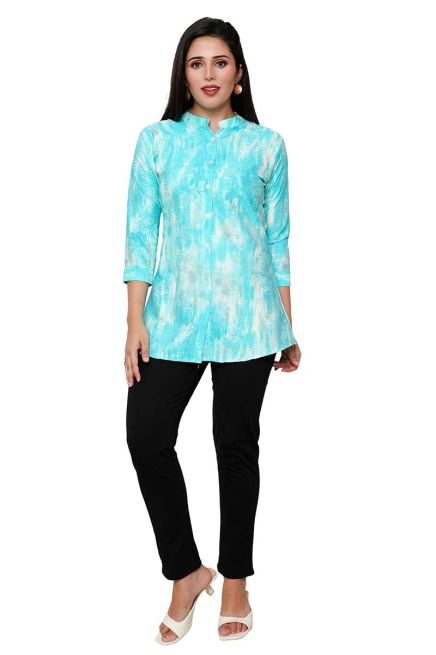 Stylish 3/4th Blue and White Printed Tunic Mandarin Collar Manufacturers  in Delhi